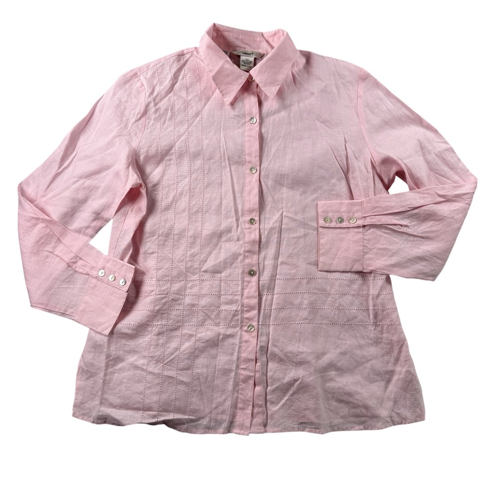 Edward Irish Linen Top Womens L Pink Button Up Long Sleeve‎ Tunic Coastal Resort